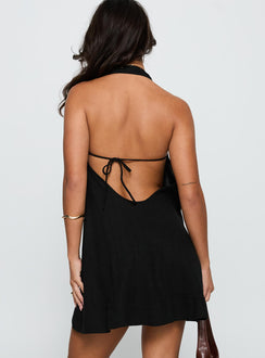 back view of model wearing Princess Polly Daydreams Linen Blend Halter Mini Dress Black Scoop Neck 