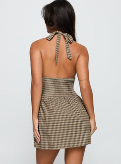 back view of model wearing Princess Polly Juanette Halter Mini Dress Brown Check Plunger 