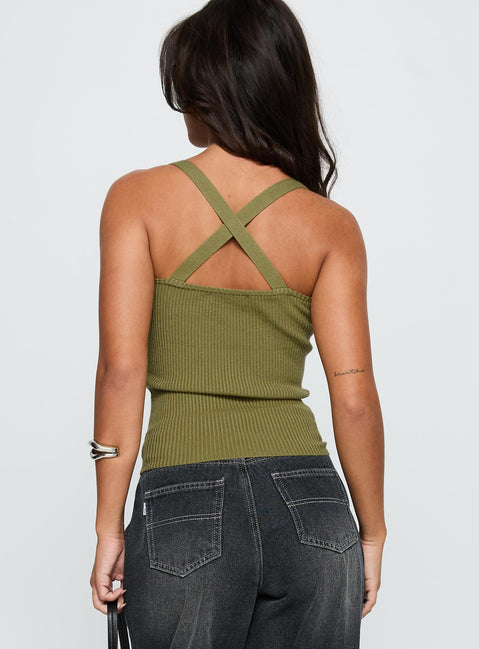 back view of model wearing Princess Polly Bare It All Buckle Detail Top Green Sleeveless Square Neck 