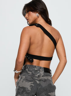 back view of model wearing Princess Polly Buckled Down One Shoulder Top Black Sleeveless Asymmetric Neckline 