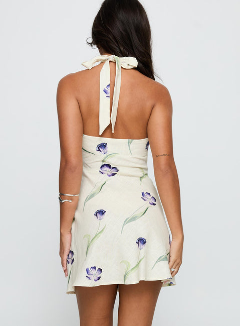 back view of model wearing Princess Polly Havenna Halter Linen Blend Mini Dress Cream Floral Plunger 