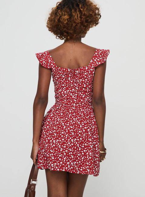 back view of model wearing Princess Polly So Sweet Mini Dress  Red / Floral Sweetheart Neckline 