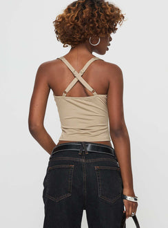 back view of model wearing Princess Polly Wandella Tank Beige Sleeveless Sweetheart 