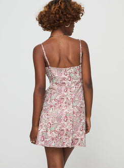 back view of model wearing Princess Polly Farrelli Mini Dress Multi / Paisley V-Neck 
