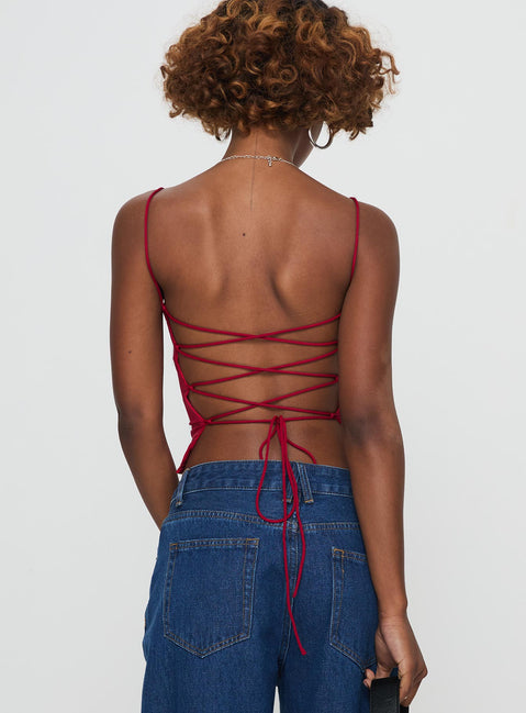 back view of model wearing Princess Polly Elissa Top Red Sleeveless Square Neck 