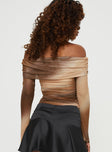 Off-the-shoulder top Mesh sheer material, long sleeves, folded neckline, ruching at sides Invisible zip fastening at side 