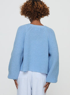 back view of model wearing Princess Polly Leskie Cardigan Pale Blue Cropped 