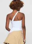 back view of model wearing Princess Polly Bode One Shoulder Top White Sleeveless Asymmetric Neckline 