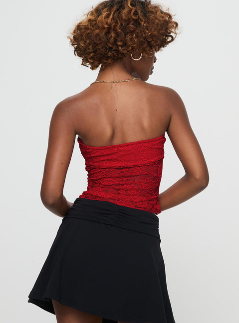back view of model wearing Princess Polly Winnick Strapless Lace Top Red Sleeveless Sweetheart 