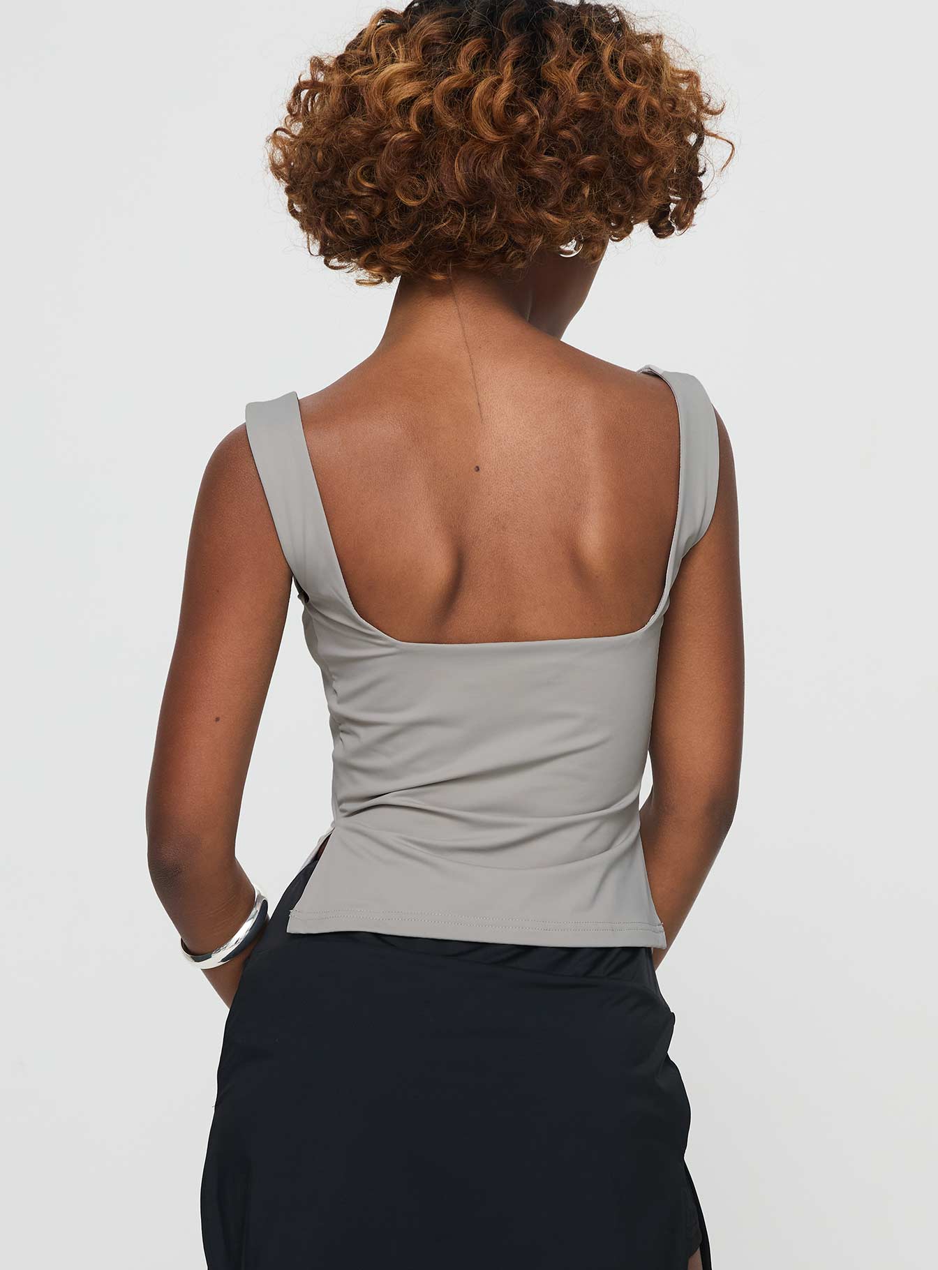 back view of model wearing Princess Polly Rehna Top Grey Sleeveless V-Neck 