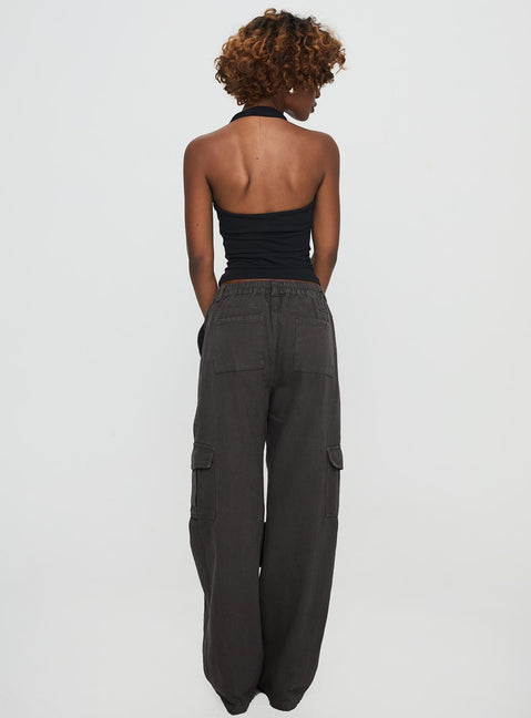 back view of model wearing Princess Polly Pawley Cargo Pants Slate High Waisted Pants 