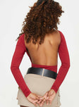 back view of model wearing Princess Polly Gatewood Long Sleeve Bodysuit Burgundy Full Sleeves Boat Neck 