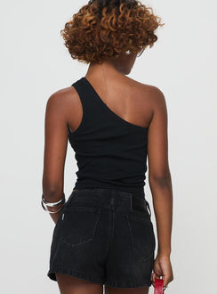 back view of model wearing Princess Polly Jase One Shoulder Top Black Sleeveless Asymmetric Neckline 