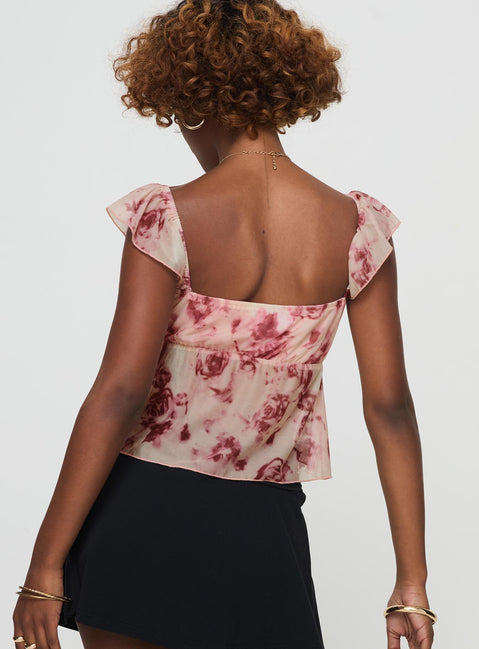 back view of model wearing Princess Polly Time After Top Pink Floral Short Sleeves V-Neck 