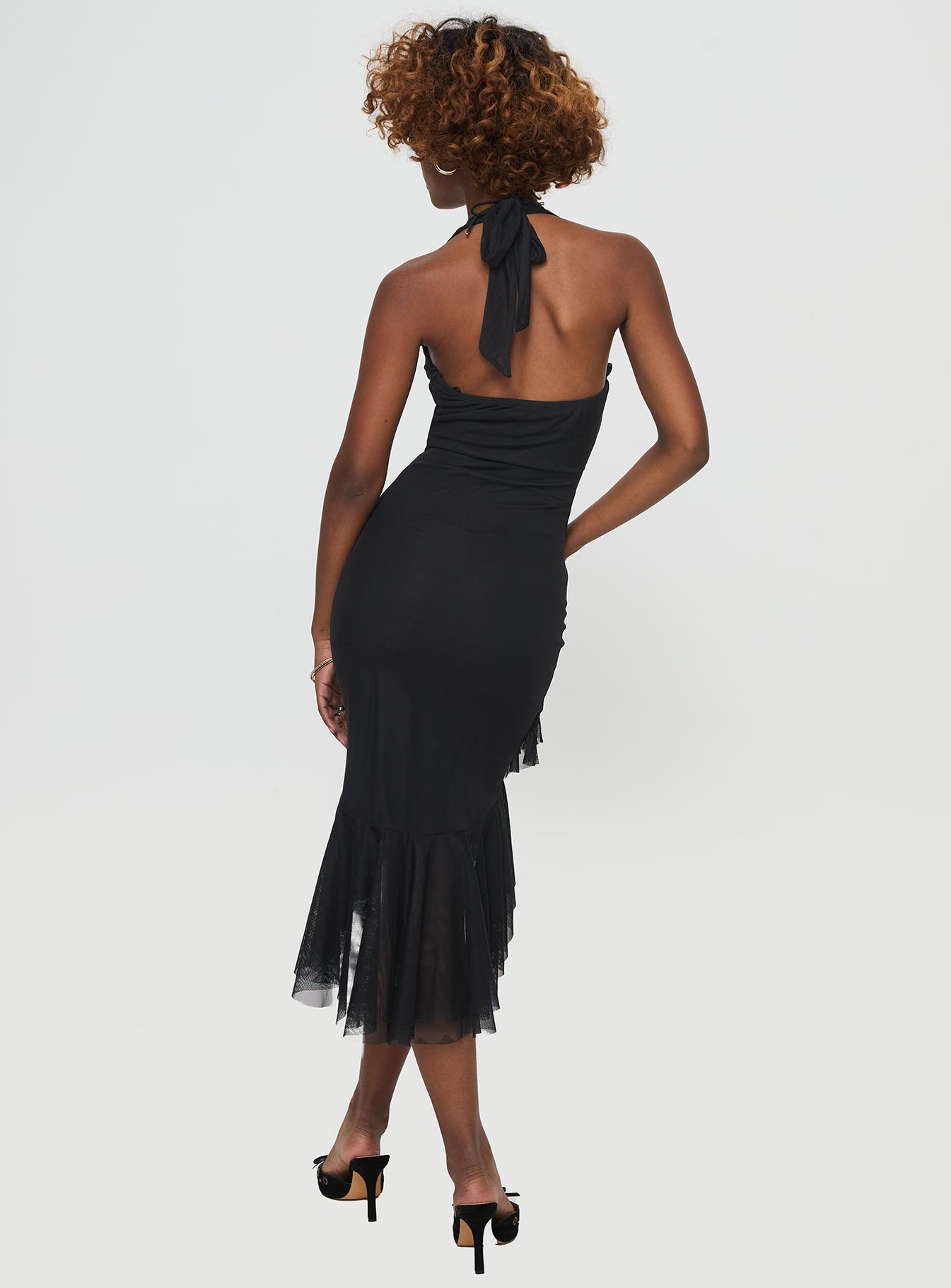 back view of model wearing Princess Polly Amadeus Midi Dress Black V-Neck 
