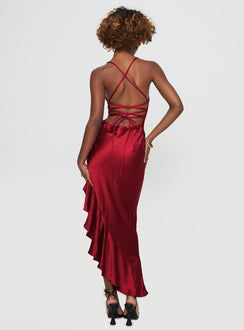 back view of model wearing Princess Polly Casen Maxi Dress Red Plunger 