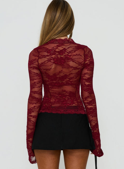 Kecia Langarm-Spitzenoberteil Burgunder
