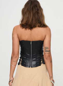 back view of model wearing Princess Polly Emberlyn Faux Leather Corset Top Black Sleeveless straight 