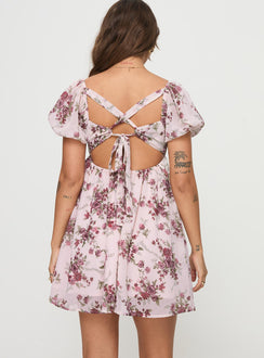 back view of model wearing Princess Polly Let's Dance Mini Dress Cream Floral Square Neck 