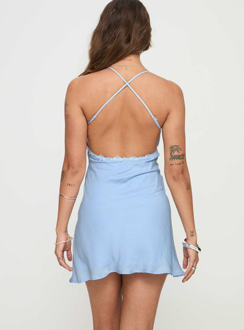 back view of model wearing Princess Polly Sagi Mini Dress Blue V-Neck 