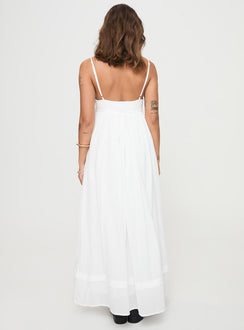 back view of model wearing Princess Polly Eriksson Maxi Dress White Plunger 