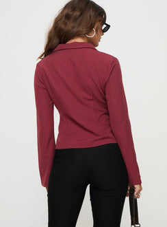 back view of model wearing Princess Polly Anni Pinstripe Shirt Red Full Sleeves V-Neck 