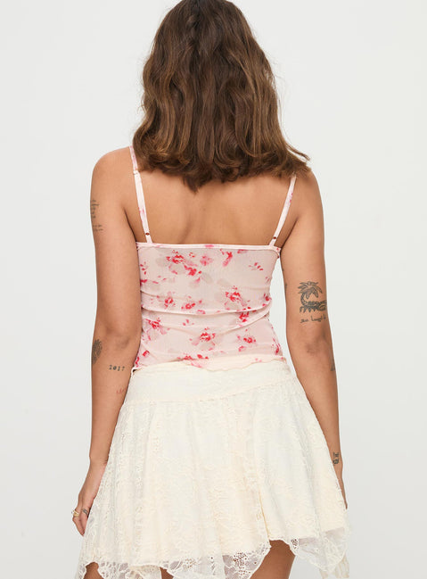 back view of model wearing Princess Polly Emrys Top Beige / Red Floral Sleeveless Scoop Neck 