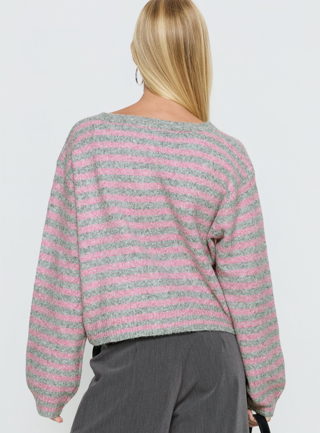 back view of model wearing Princess Polly Raynna Button Up Cardigan Pink / Grey Stripe Cropped Jumpers 