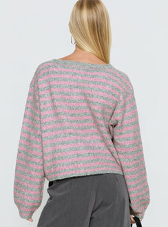 back view of model wearing Princess Polly Raynna Button Up Cardigan Pink / Grey Stripe Cropped Jumpers 