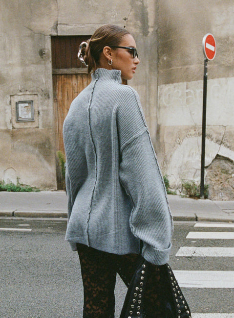 back view of model wearing Princess Polly Lachlynn Oversized Knit Sweater Charcoal Marle 