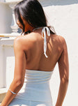 back view of model wearing Princess Polly Esencia Top White Sleeveless Asymmetric Neckline 