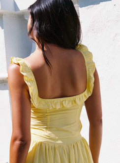 back view of model wearing Princess Polly Isadoria Frill Top Yellow Sleeveless Square Neck 