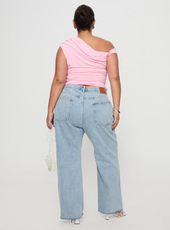 back view of model wearing Princess Polly Fawcett Jeans Light Wash Denim Curve High Waisted 