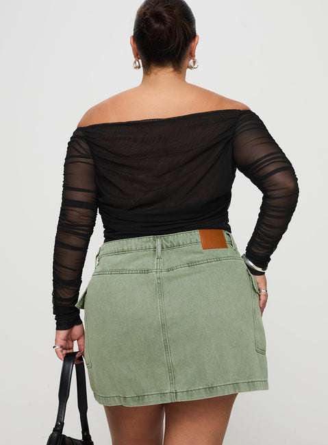 back view of model wearing Princess Polly Zakai Cargo Denim Mini Skirt Green Curve Mini Skirts 