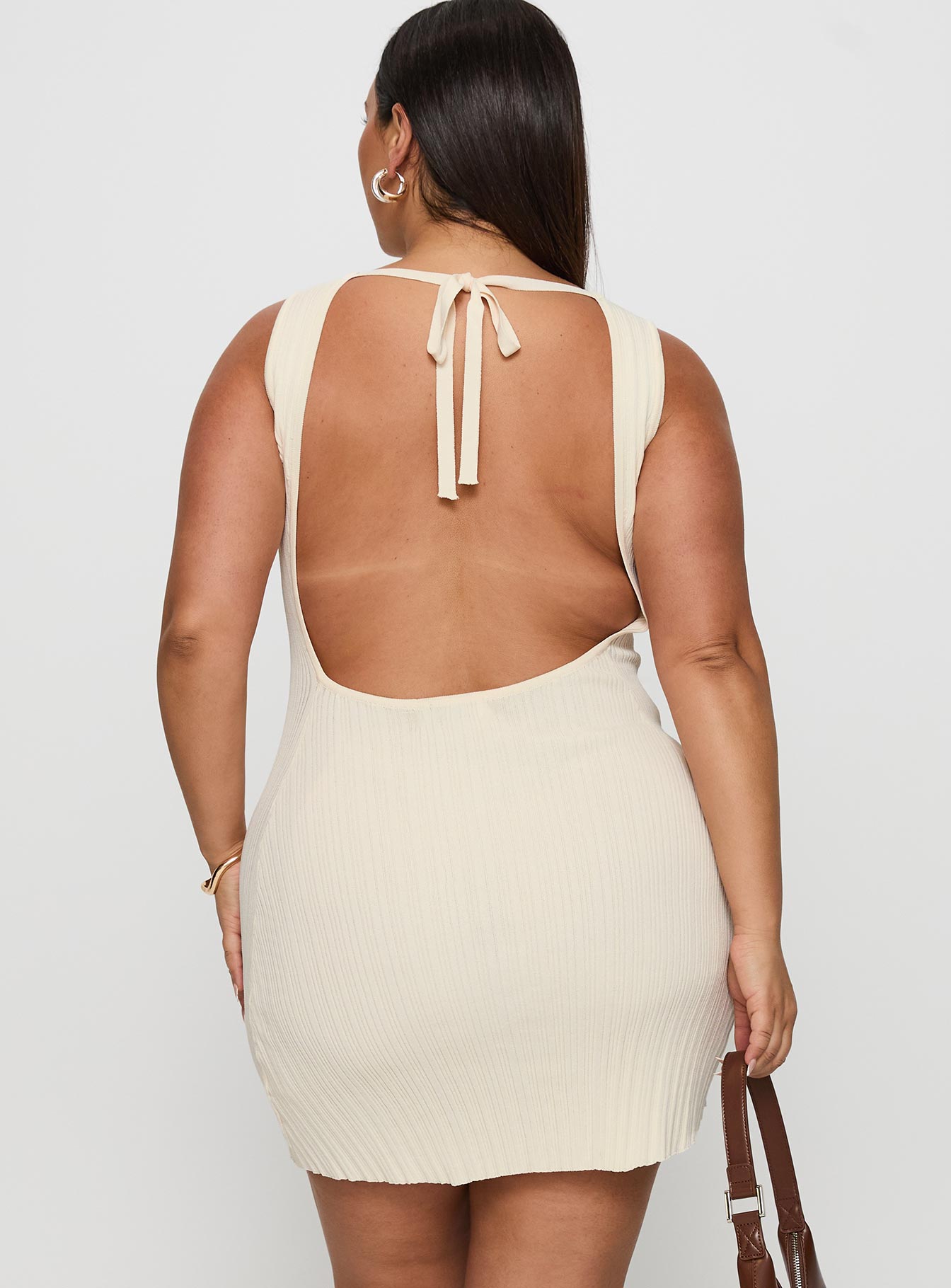 back view of model wearing Princess Polly Mayok Mini Dress Cream Curve Crew Neck 