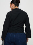 back view of model wearing Princess Polly Anni Pinstripe Shirt Black Curve Full Sleeves High Neck 