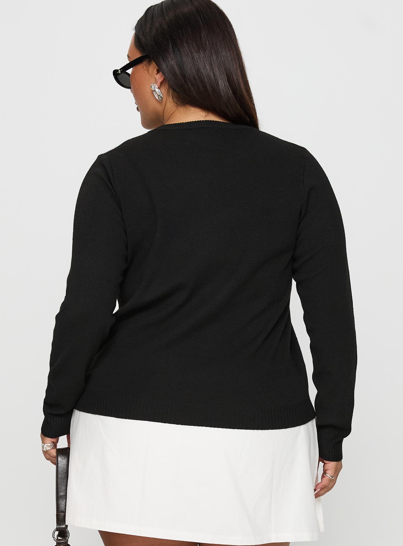 back view of model wearing Princess Polly Lauraine Cardigan Black Curve 