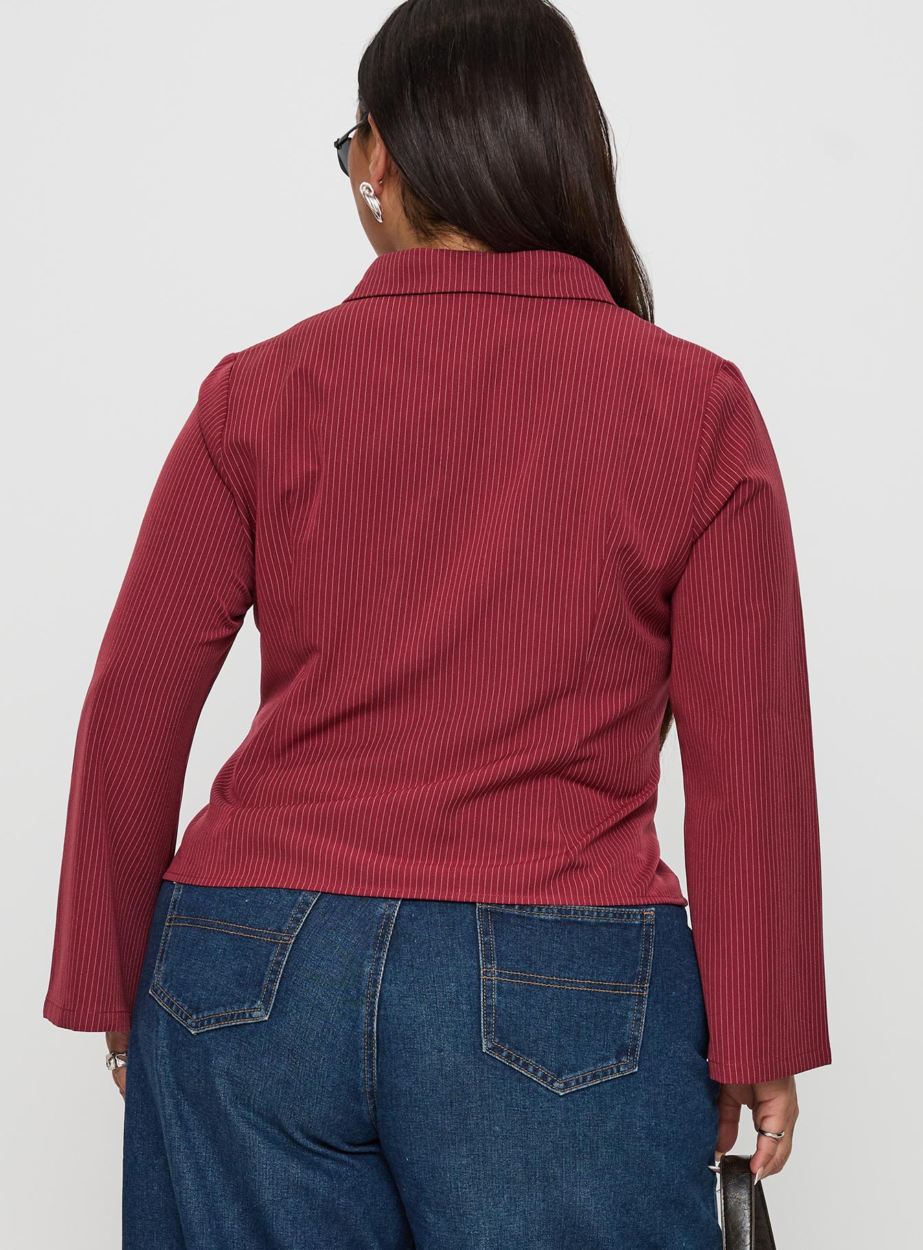 back view of model wearing Princess Polly Anni Pinstripe Shirt Red Curve Full Sleeves V-Neck 