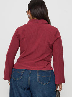 back view of model wearing Princess Polly Anni Pinstripe Shirt Red Curve Full Sleeves V-Neck 