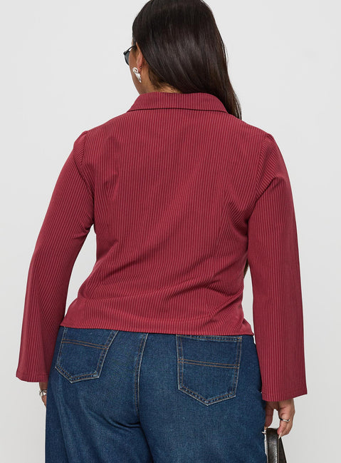 back view of model wearing Princess Polly Anni Pinstripe Shirt Red Curve Full Sleeves V-Neck 