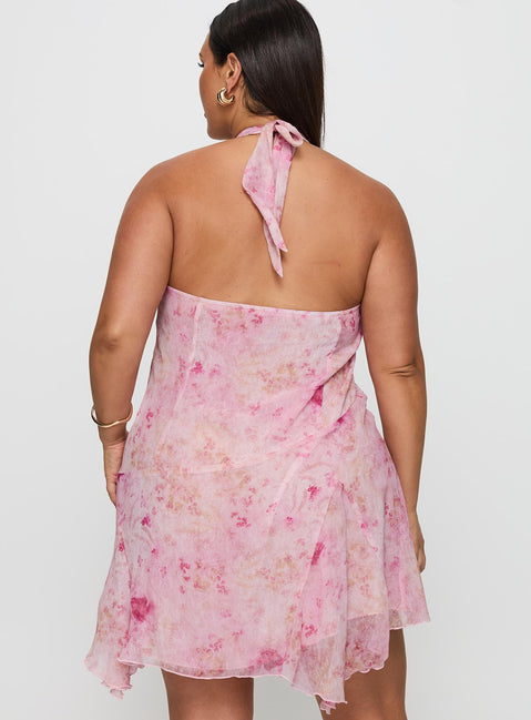 back view of model wearing Princess Polly Valorie Halter Mini Dress Pink Curve Plunger 