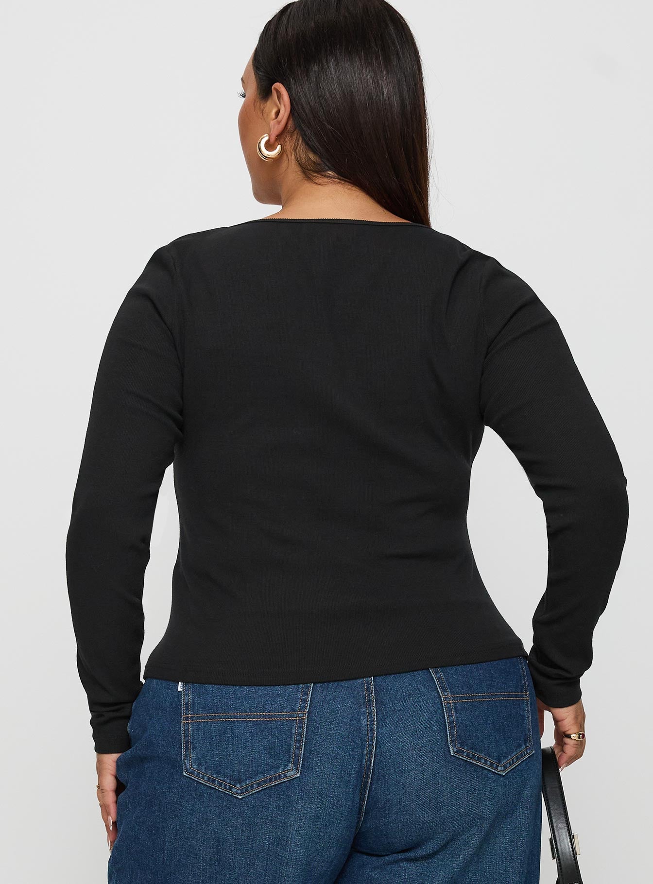 back view of model wearing Princess Polly Baseline Long Sleeve Top Black Curve Full Sleeves Square Neck 