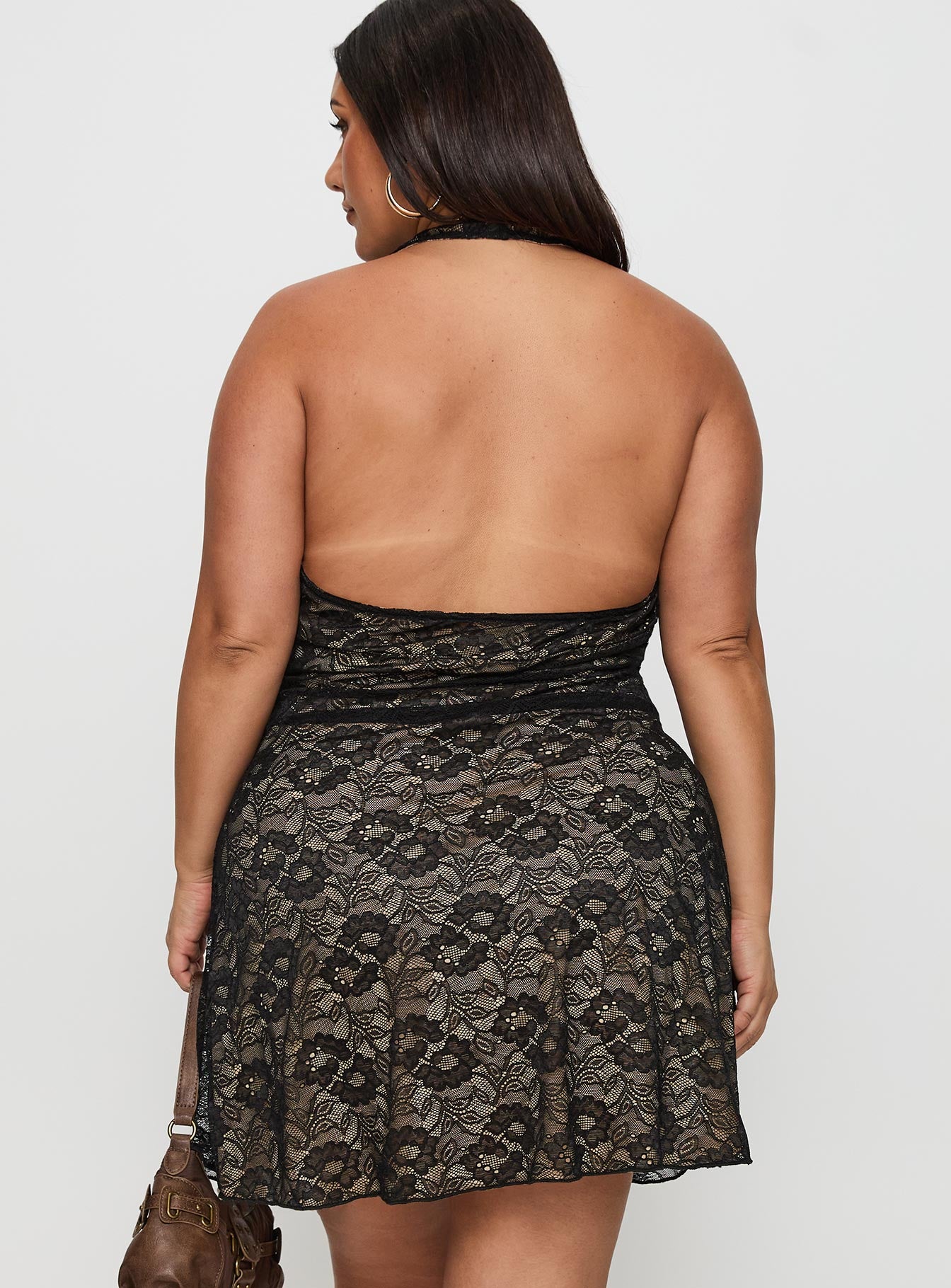 back view of model wearing Princess Polly Sonella Lace Halter Mini Dress Black Curve Plunger 