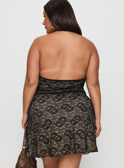 back view of model wearing Princess Polly Sonella Lace Halter Mini Dress Black Curve Plunger 