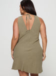 back view of model wearing Princess Polly Portillo Linen Blend Mini Dress Olive Curve Plunger 