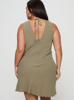 back view of model wearing Princess Polly Portillo Linen Blend Mini Dress Olive Curve Plunger 