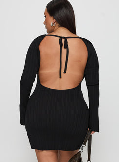 back view of model wearing Princess Polly Mayok Long Sleeve Mini Dress Black Curve Crew Neck 