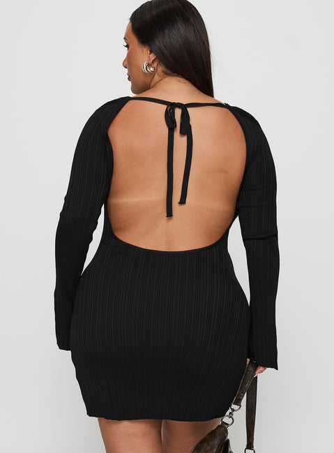 back view of model wearing Princess Polly Mayok Long Sleeve Mini Dress Black Curve Crew Neck 