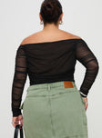 back view of model wearing Princess Polly Hartford Off The Shoulder Top Black Curve Full Sleeves straight 