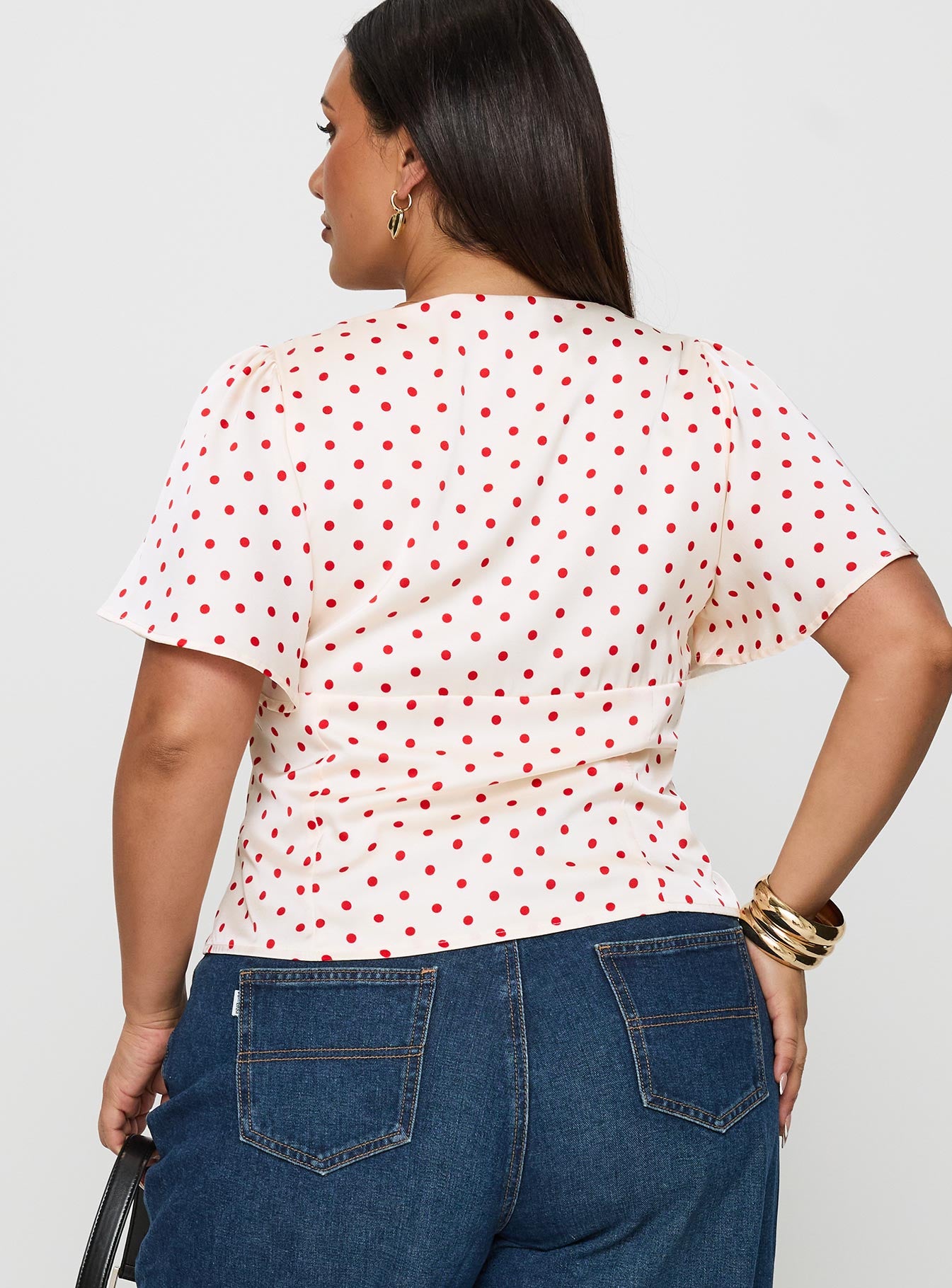 back view of model wearing Princess Polly Adrienna Flutter Blouse White / Red Curve Short Sleeves V-Neck 